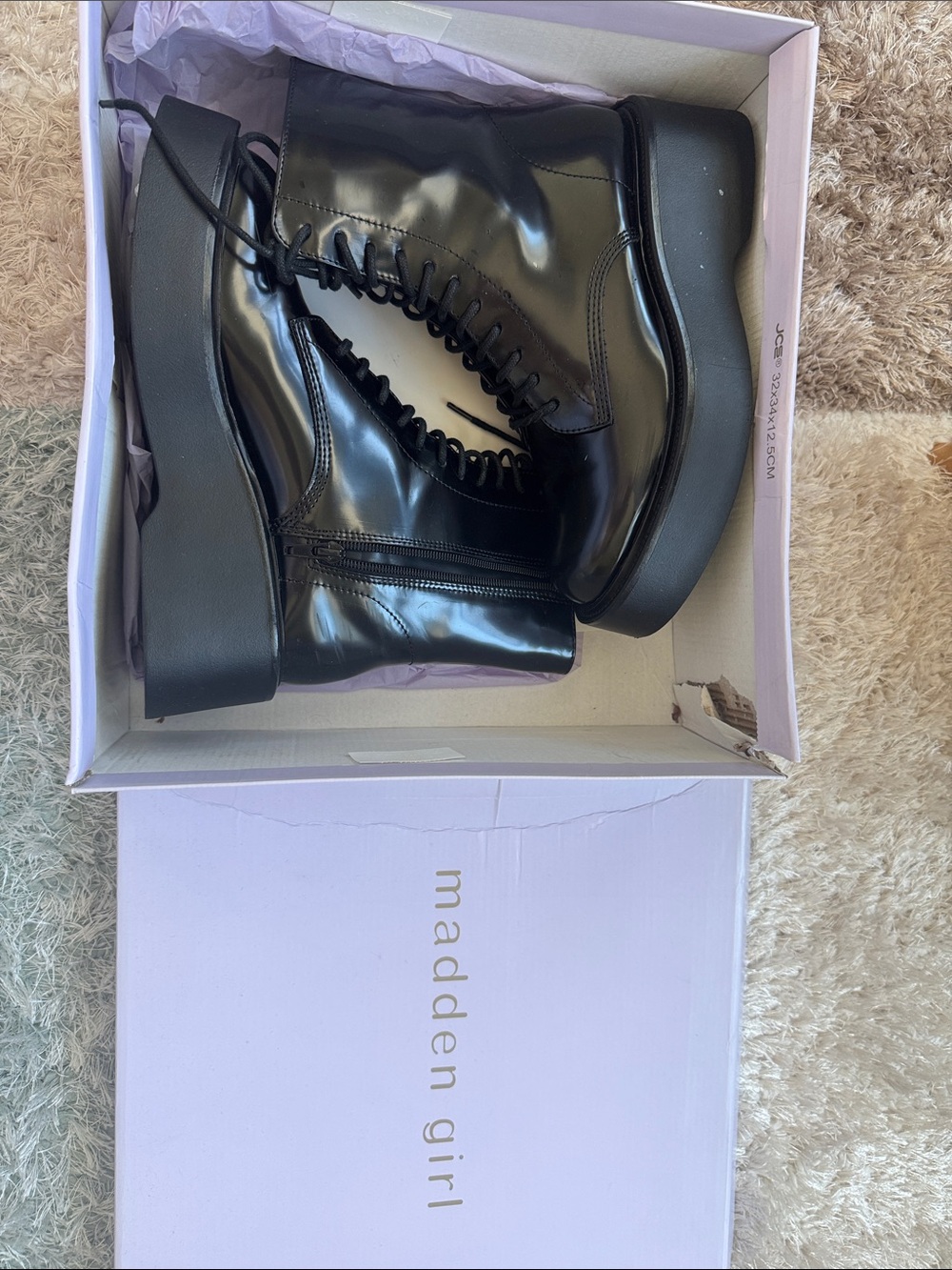 Women’s Madden Girl VIVIEE Shiny Black Platform Lace-Up Combat Boots - 8.5W